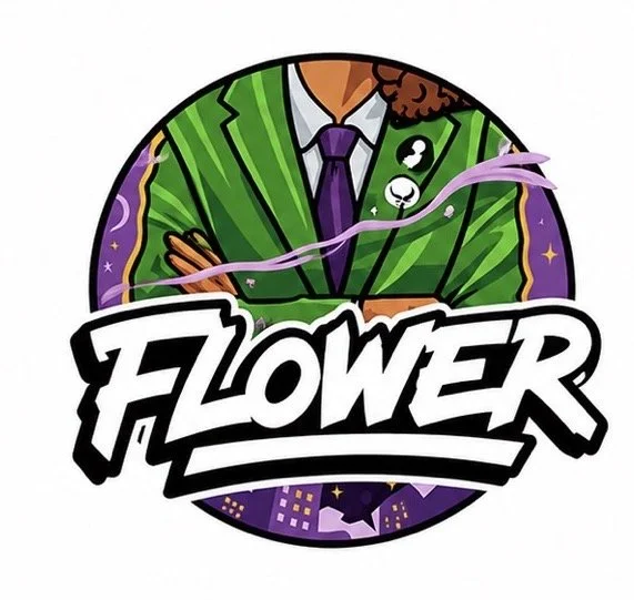Illustration of a person wearing a green pinstripe suit with a purple tie, crossing their arms, with the word 'FLOWER' in bold stylized font below.
