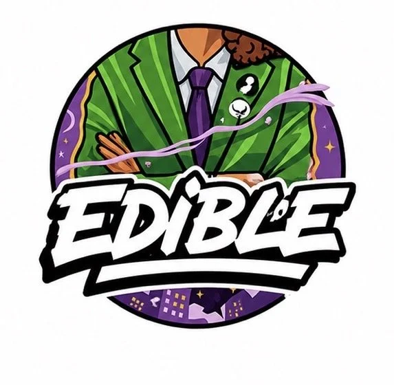 Logo featuring a person in a green suit with a purple tie, smoking, with the word 'EDIBLE' in bold white letters outlined in black below.