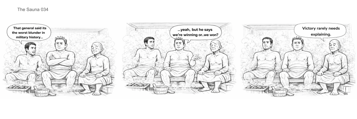 Three men sitting outdoors on a picnic bench in conversation, with speech bubbles discussing military history and victory, surrounded by plants and trees.