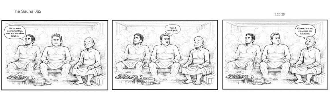 Three people sitting in a sauna, engaging in a conversation about connection and closeness.