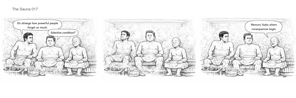 Three men sitting in a sauna, engaged in a conversation about memory and the mind, drawn in a sketch style.