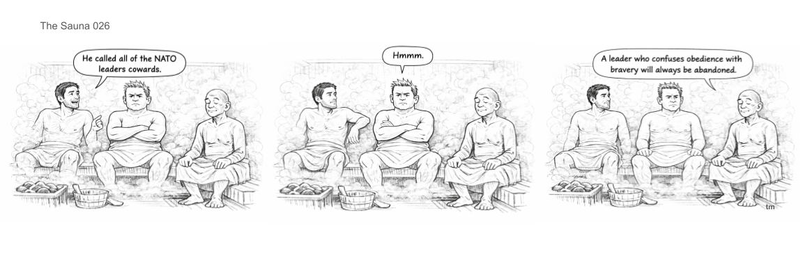 Three men sitting around a sauna, each has a basket of food in front of them. The man on the left is speaking, the middle man is listening and the man on the right is smiling. The drawing is in black and white.