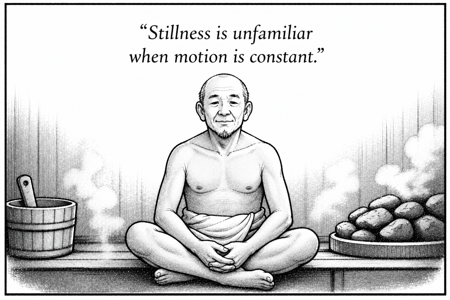 Black and white illustration of a meditating monk sitting cross-legged with a calm expression. Nearby, a bucket of hot stones is steaming, and a tray of rocks is on the right. The quote above says, "Stillness is unfamiliar when motion is constant."