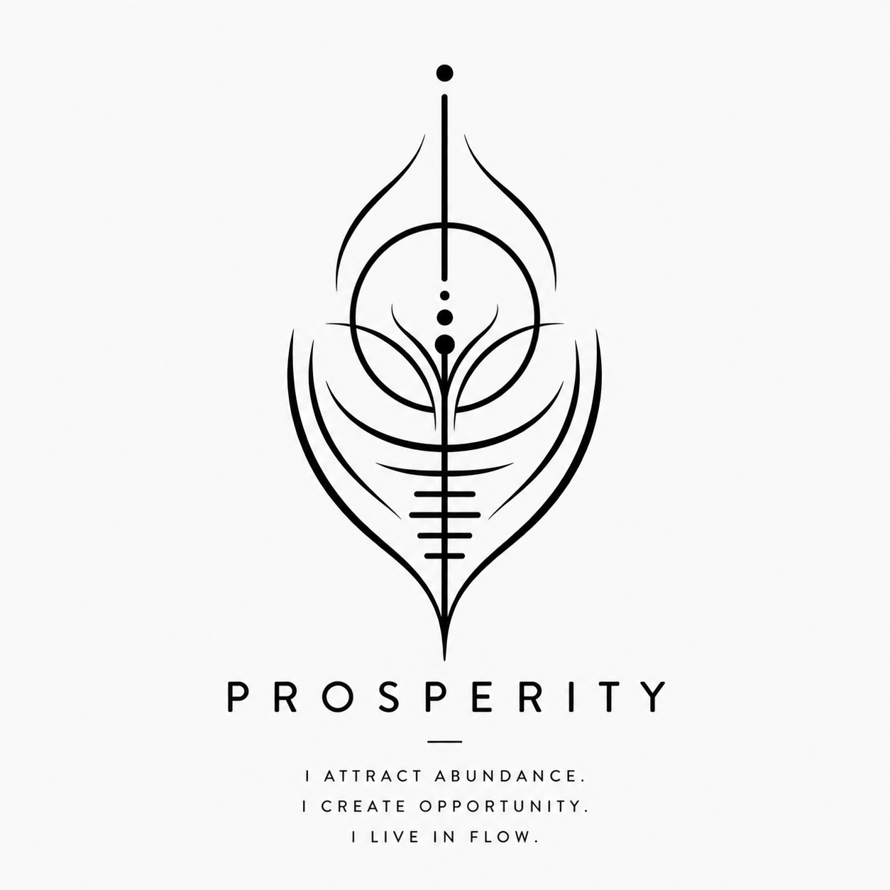 A black and white geometric tattoo design with the word 'Prosperity' underneath, along with the phrases 'I attract abundance,' 'I create opportunity,' and 'I live in flow.'
