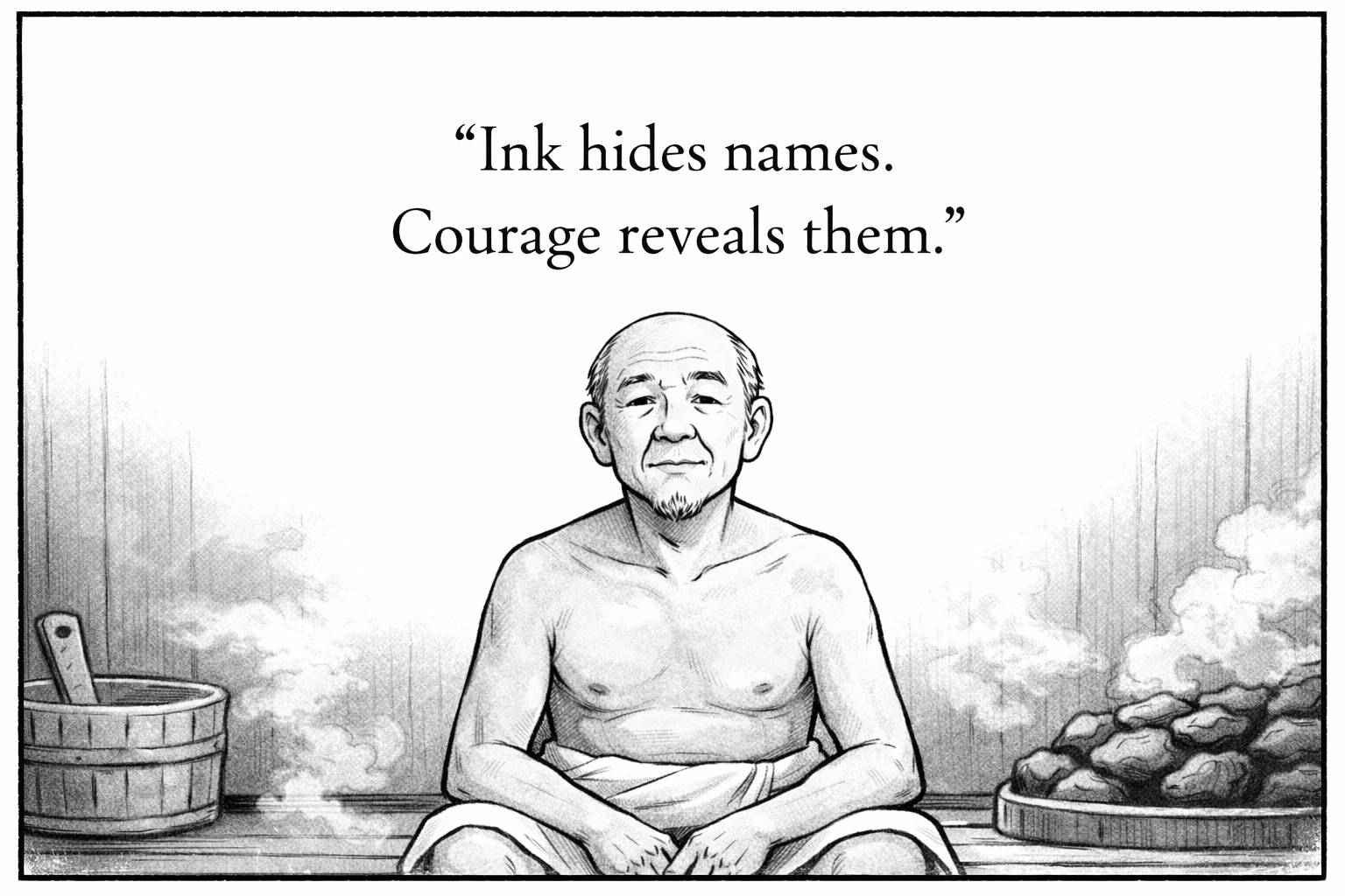A black and white illustration of a man with a shaven head and goatee, sitting topless with a towel around his waist, in a traditional steam room with rocks and steam around him. The quote 'Ink hides names. Courage reveals them.' is written above him.