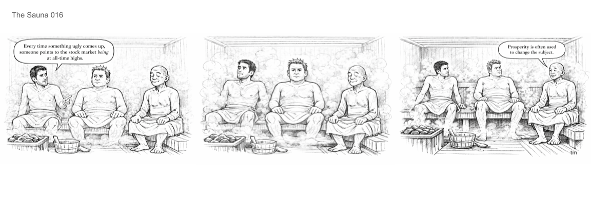 Black-and-white sketch of three men sitting in a sauna, engaging in a conversation. One man is speaking, and steam surrounds the middle and right men. The men are dressed in towels, with some sauna accessories visible.