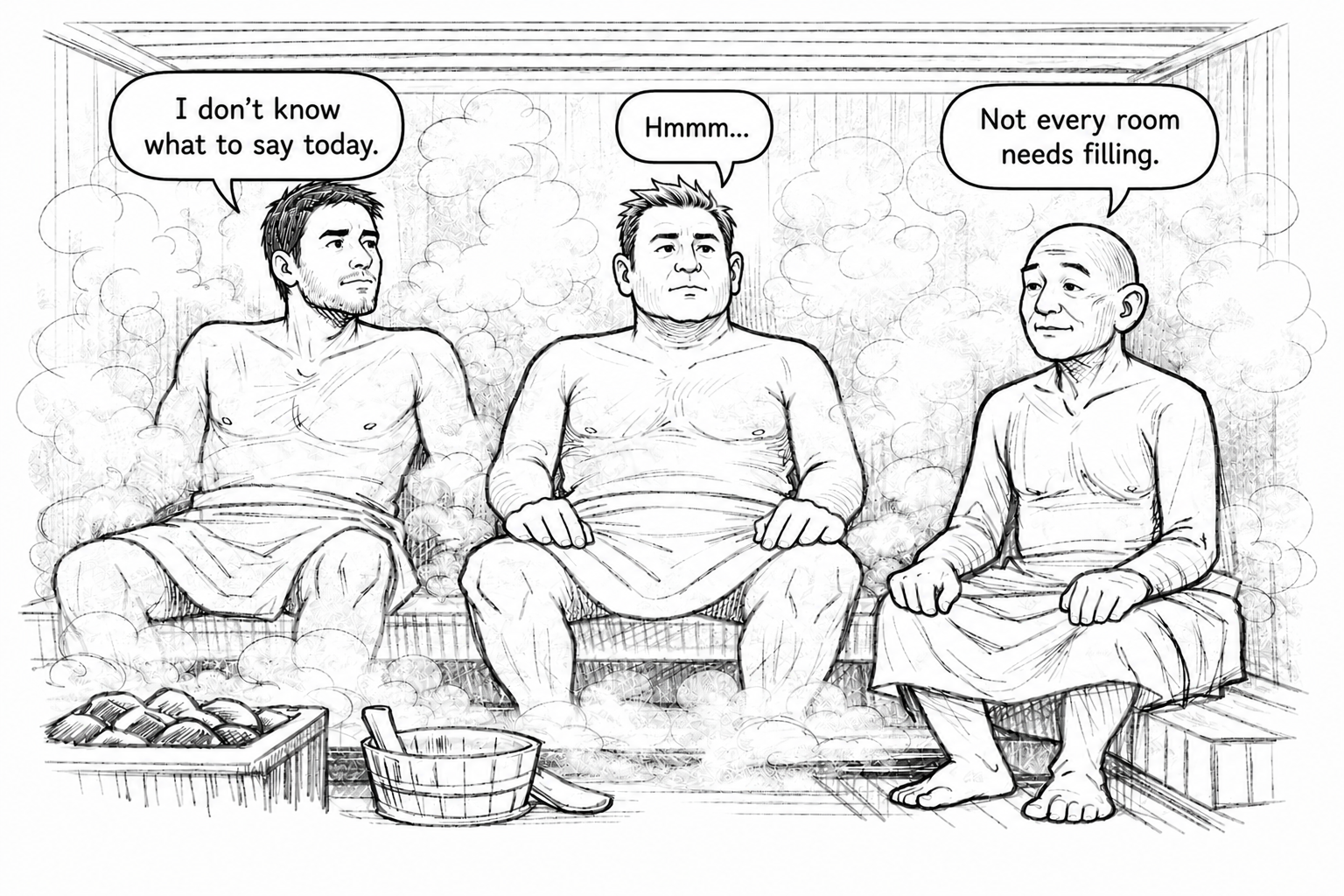 Three men sitting in a steam room with steam and sauna buckets around them, engaging in a conversation as part of a humorous cartoon or illustration.