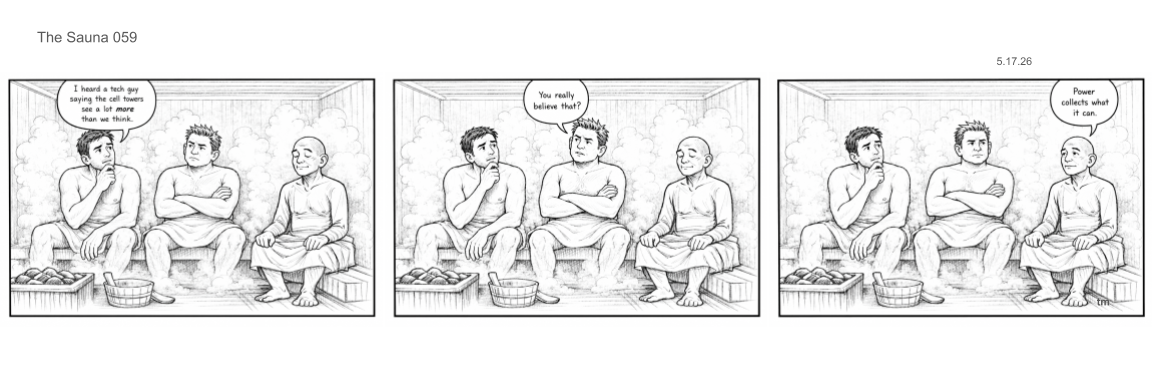Three men sitting in a steam room or sauna, with towels around their waists, having a conversation. The first man talks about a tech expert and the mellowness of the sauna, the second man responds skeptically, and the third man comments that power collects what it can.