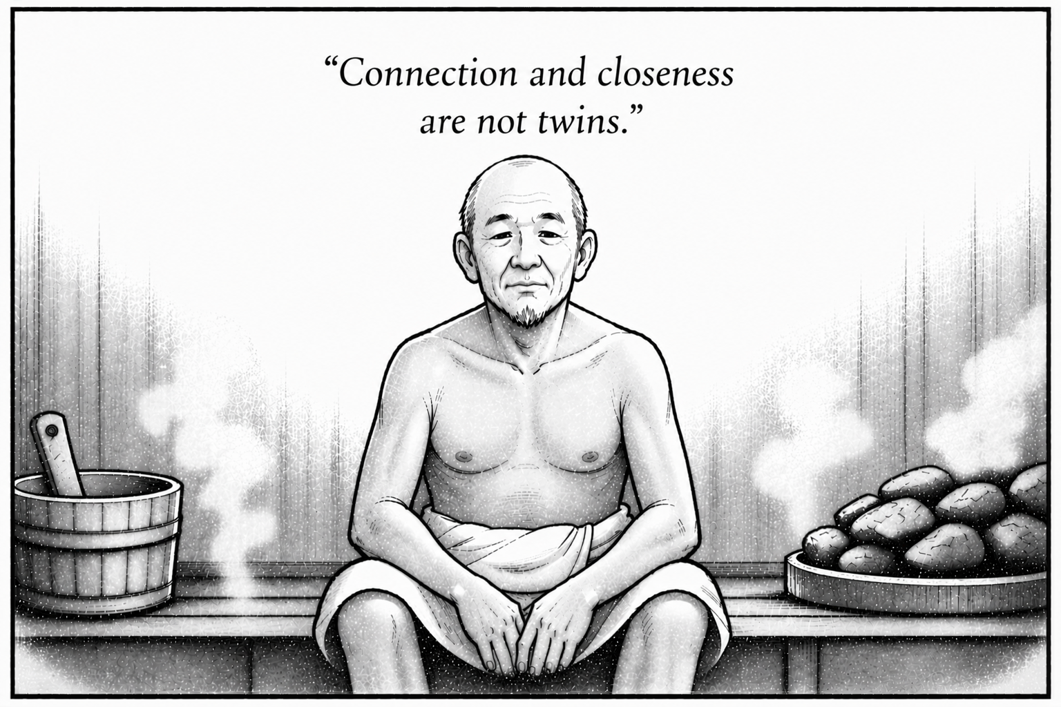 Drawing of a bald, elderly man with a goatee, seated with legs crossed, wearing a towel around his waist, surrounded by sauna elements, with a quote above that reads 'Connection and closeness are not twins.'