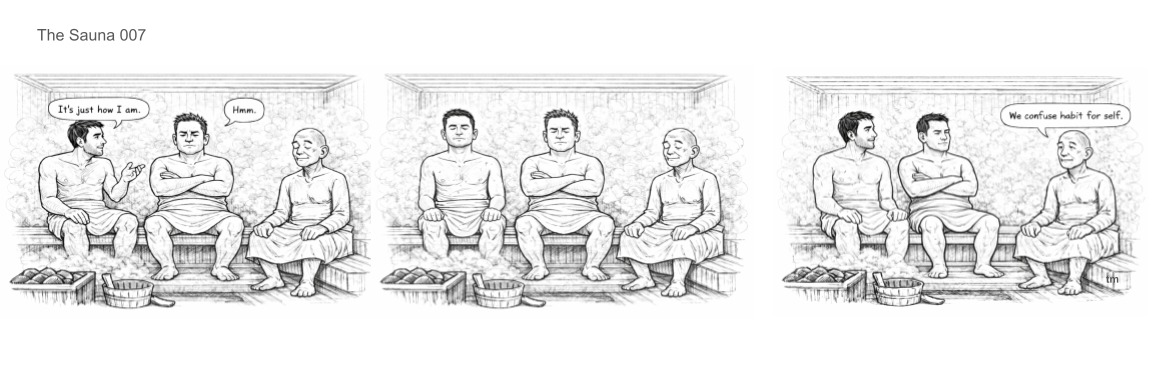 Three panels showing men in a sauna, having a conversation about their habits, with captioned dialogue about understanding oneself and habits.