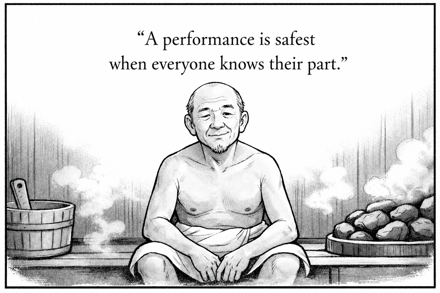 Black and white drawing of an elderly man sitting in a sauna, with steam rising around him, and a basket of stones on the right and a bucket with a ladle on the left. A quote above him reads, 'A performance is safest when everyone knows their part.'