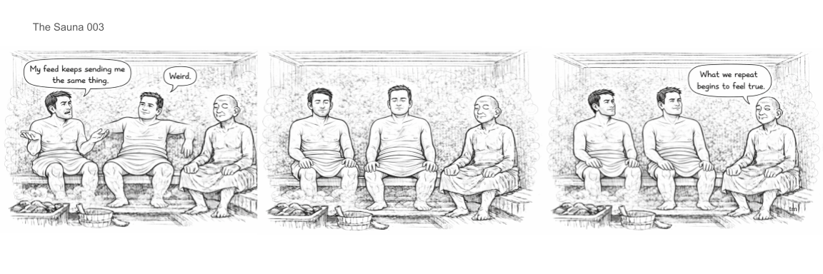Three people sitting on a bench having a conversation, with two men and a woman. The man on the left says, "My feed keeps sending me the same thing," and the woman on the right responds, "What we repeat begins to feel true."