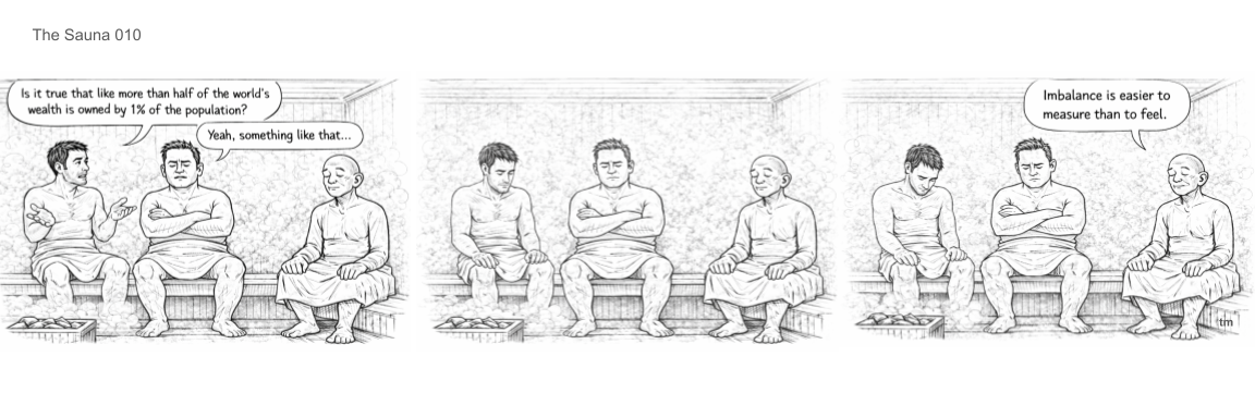 Three men sitting on a bench in a sauna. The man on the left is speaking, asking if it's true that more than half of the world's wealth is owned by 1% of the population. The man in the middle responds, and in the last panel, he comments that imbalance is easier to measure than to feel.