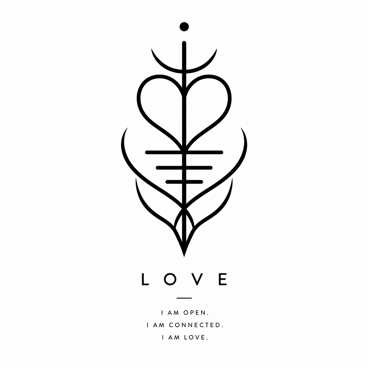 Minimalist black and white line art of a symmetrical heart shape with decorative elements inside, the word 'LOVE' in uppercase below, and the phrases 'I AM OPEN. I AM CONNECTED. I AM LOVE.' underneath.