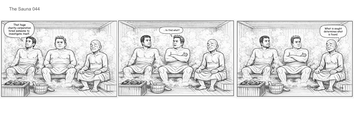 Three men sit at a steam-filled bathhouse, with baskets of stones and a bucket in front of them, engaged in a conversation about investigating itself and finding what is sought.