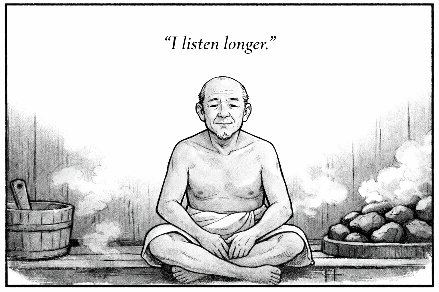 A black and white drawing of a man sitting cross-legged with steam rising from his body, surrounded by buckets of stones and a wooden box. A quote above his head says, "I listen longer."