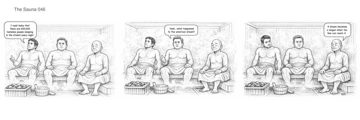 Three men sit inside a sauna, engaging in conversation. The first man on the left is speaking, saying he read about homelessness. The second man in the middle asks what happened to the American dream. The third man on the right responds that a dream becomes a slogan when too few can reach it.