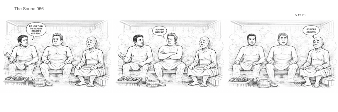 Three men sit inside a sauna, engaging in a conversation about the authenticity of the Akashic records and memory, with steam rising in the background.