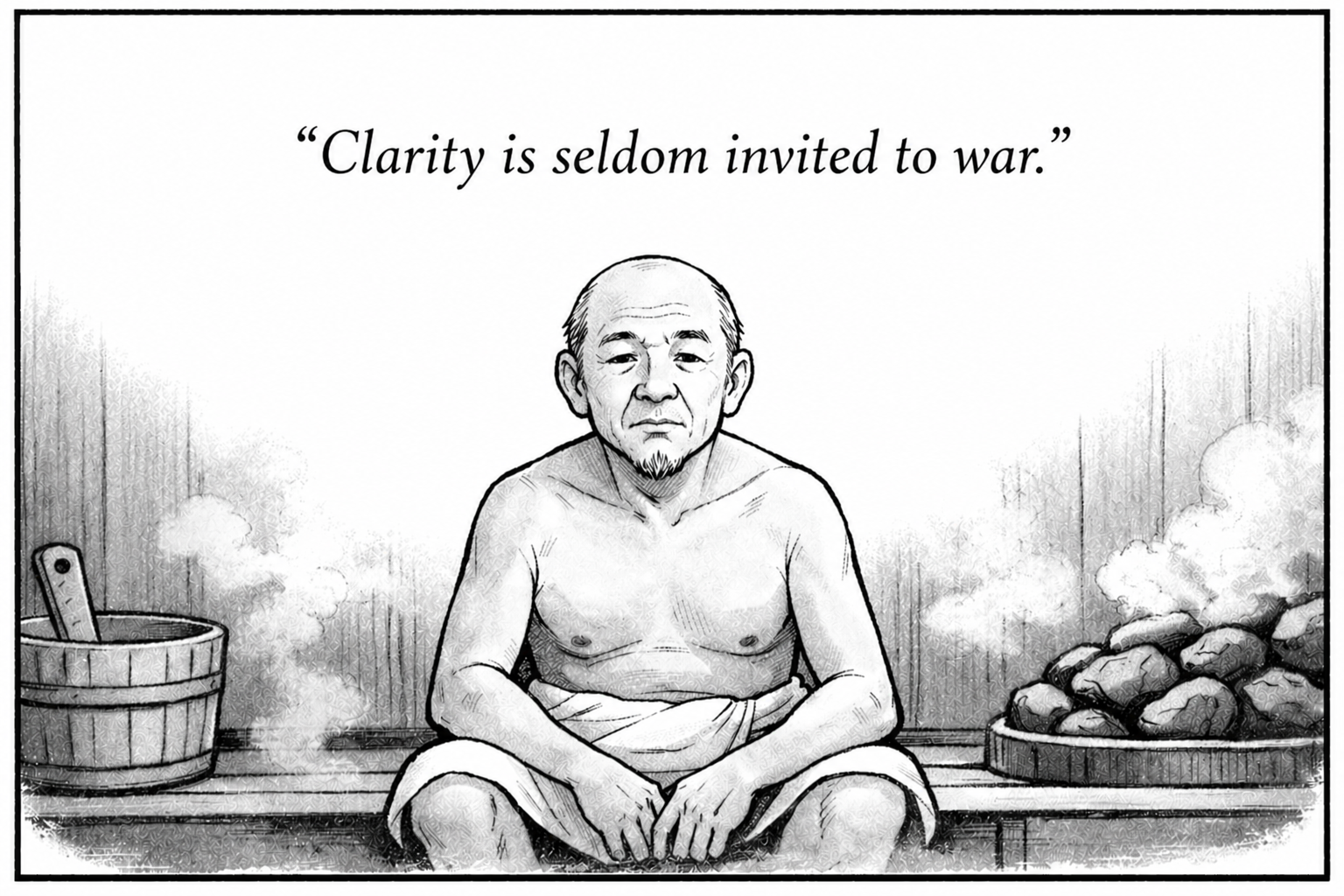 Black and white drawing of a man sitting cross-legged in a sauna with a towel wrapped around his waist, surrounded by steam and rocks, with the quote 'Clarity is seldom invited to war.'
