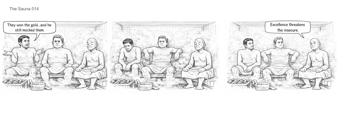 A black-and-white comic strip titled "The Sauna 014" depicting four men sitting in a sauna. The first panel shows the man on the far left speaking, saying "They won the gold... and he still mocked them." The second panel features the four men sitting, with one looking down. The third panel shows the man in the middle speaking again, saying "Excellence threatens the insecure," with the other men listening.