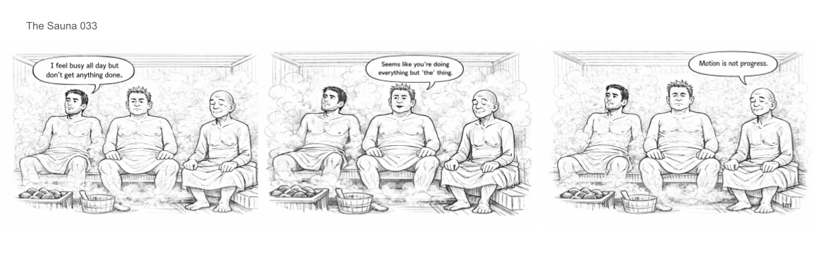 Three men sitting in a sauna, one of them says, 'I feel busy all day but don't get anything done,' another responds, 'Seems like you're doing everything but the 'thing,' and the third says, 'Motion is not progress.'