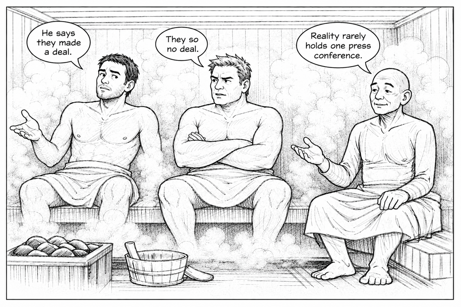 Three men sitting in a steam room, talking about a press conference, with steam clouds around them.