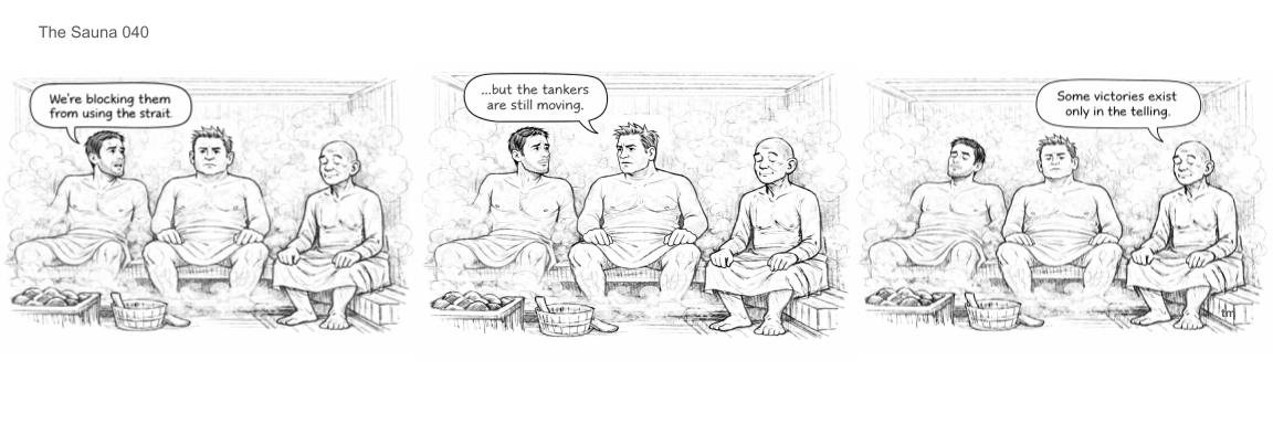 Drawing of three men sitting in a sauna, engaging in conversation about tankers and victories.