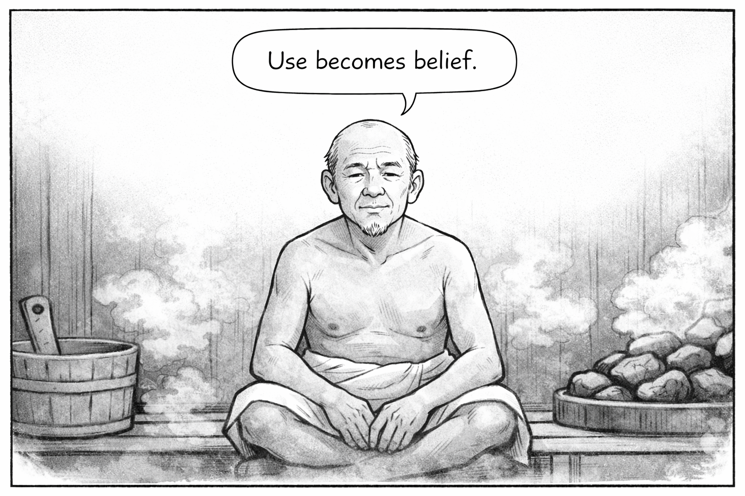 An illustration of an ancient Chinese man sitting cross-legged, shirtless, in a traditional steam room with steam rising around him. He has a calm expression and a speech bubble above his head that says, 'Use becomes belief.' There is a bucket with a wooden stick on the left and a tray of steaming stones on the right.