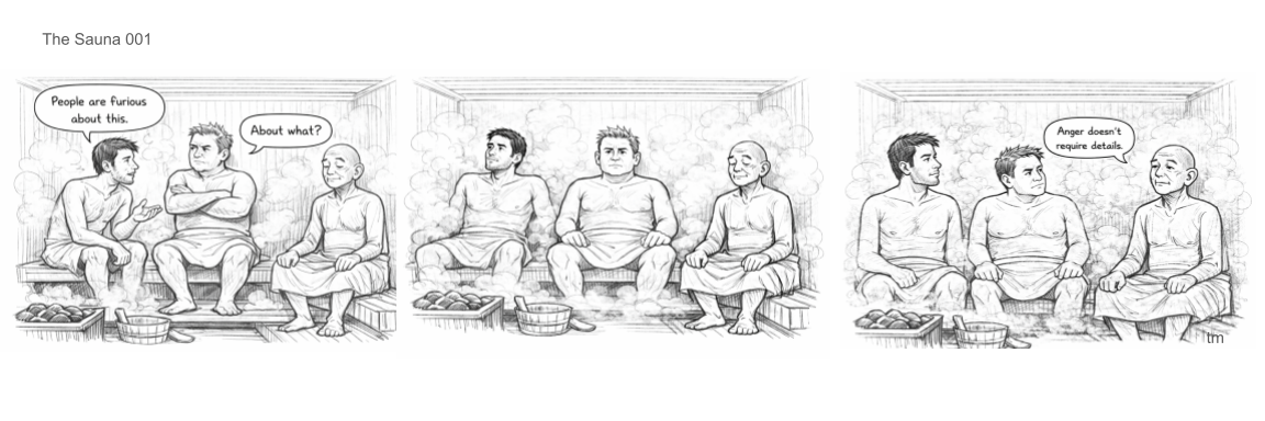 A grayscale comic strip shows four people sitting inside a sauna. In the first panel, two men are talking, with one saying, 'People are furious about this,' and the other asking, 'About what?' The second panel depicts the same people sitting silently, enveloped in steam. The third panel features a different conversation where one man states, 'Anger doesn't require details,' while the others listen.