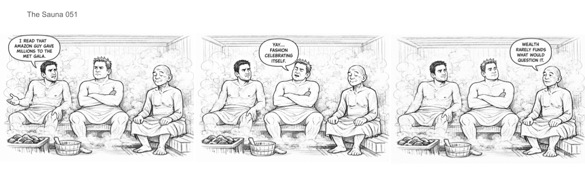 A black and white comic strip showing three men sitting on benches, engaging in conversation, with dialogue about wealth and fame.