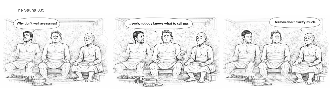 Three men sitting in a sauna having a conversation about not having names.