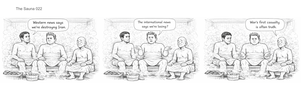 Black and white comic strip of three men sitting in a sauna, having a conversation about war and media.