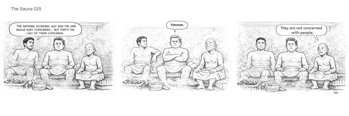 Three men and a boy sitting in a sauna, having a conversation, with steam rising and baskets in front of them.