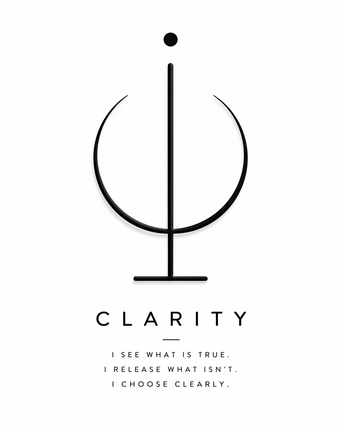 A minimalist black and white graphic of a stylized human figure with outstretched arms integrated into a compass, symbolizing clarity and focus. Below is the word 'CLARITY' and the statements: 'I see what is true. I release what isn't. I choose clearly.'