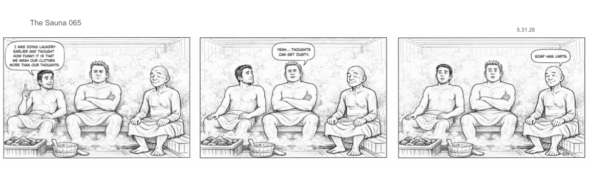 Three men sitting in a sauna, engaging in conversation about laundry, dust, and soap limits.