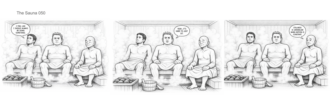 Three men sitting in a sauna, two of them are wearing towels, and one is wearing a robe. The man on the left says, 'I feel like I should always be doing something.' The man in the middle responds, 'Yeah, it's hard to just sit.' The man on the right comments, 'Silence is unfamiliar when motion is constant.'
