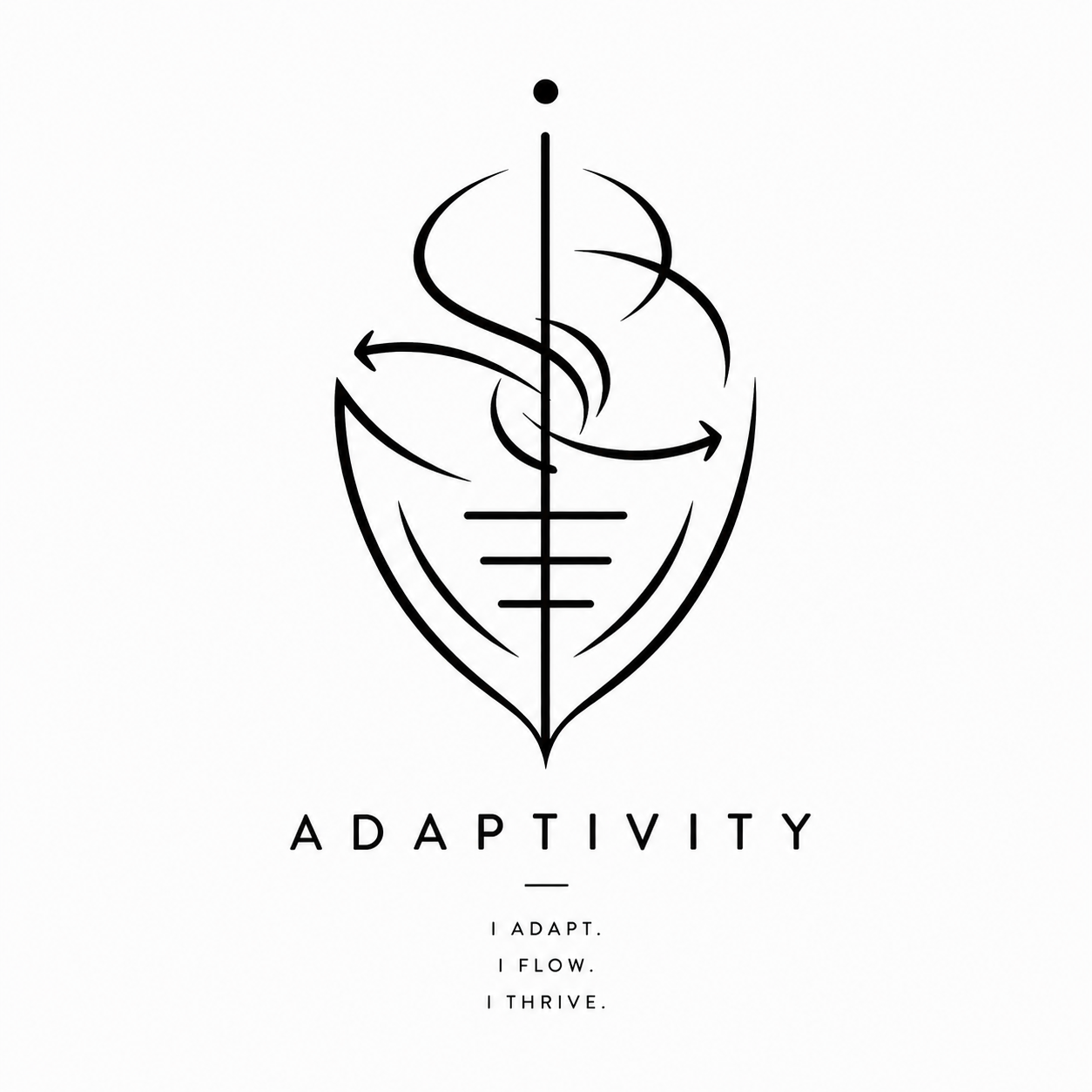 A black and white minimalist line art logo featuring a shield shape with a vertical line and curved arrows indicating flow and adaptation. Below, the word "ADAPTIVITY" is centered, with the phrases "I ADAPT. I FLOW. I THRIVE." underneath.