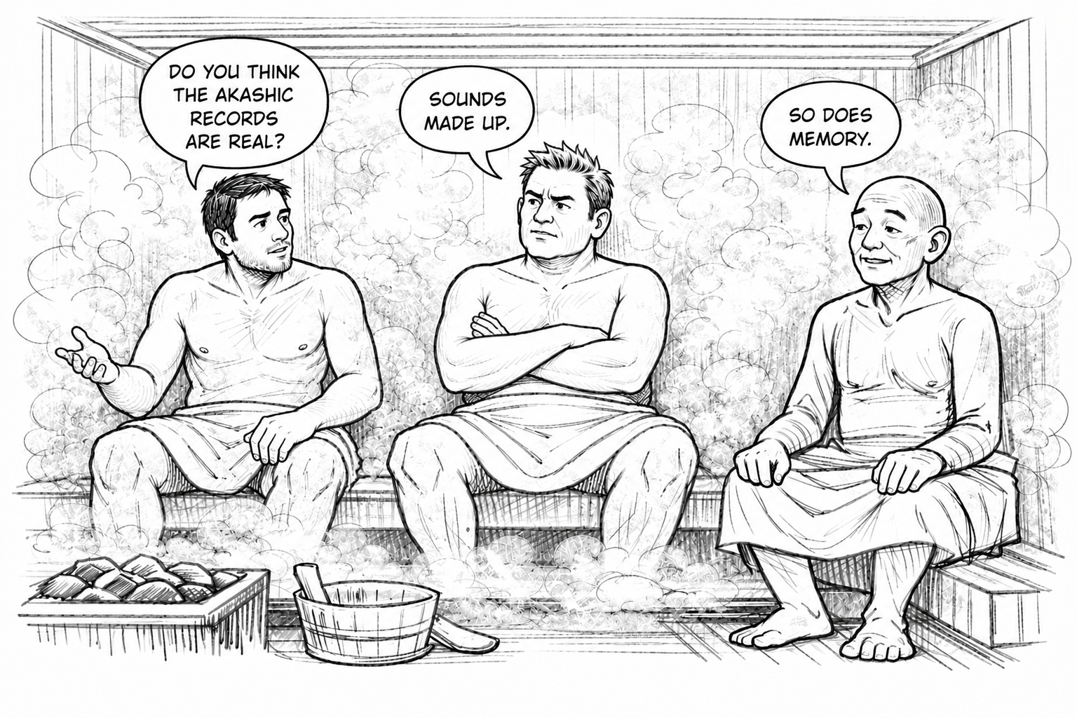Three men sitting in a traditional Japanese sauna or bathhouse, talking. The man on the left is asking, 'Do you think the akashic records are real?' The man in the middle is responding, 'Sounds made up.' The man on the right says, 'So does memory.' Steam surrounds them, and there are buckets and baskets in the room.