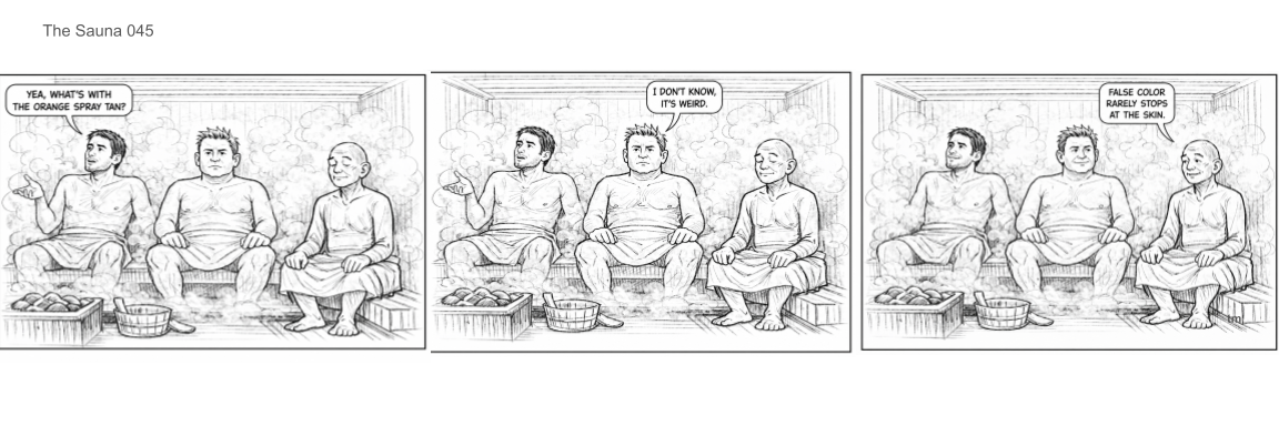 Three men sitting in a steam room, engaging in conversation. One of them asks about orange spray tan, another comments on the weirdness of the spray and mentions that false color rarely stops at the skin.