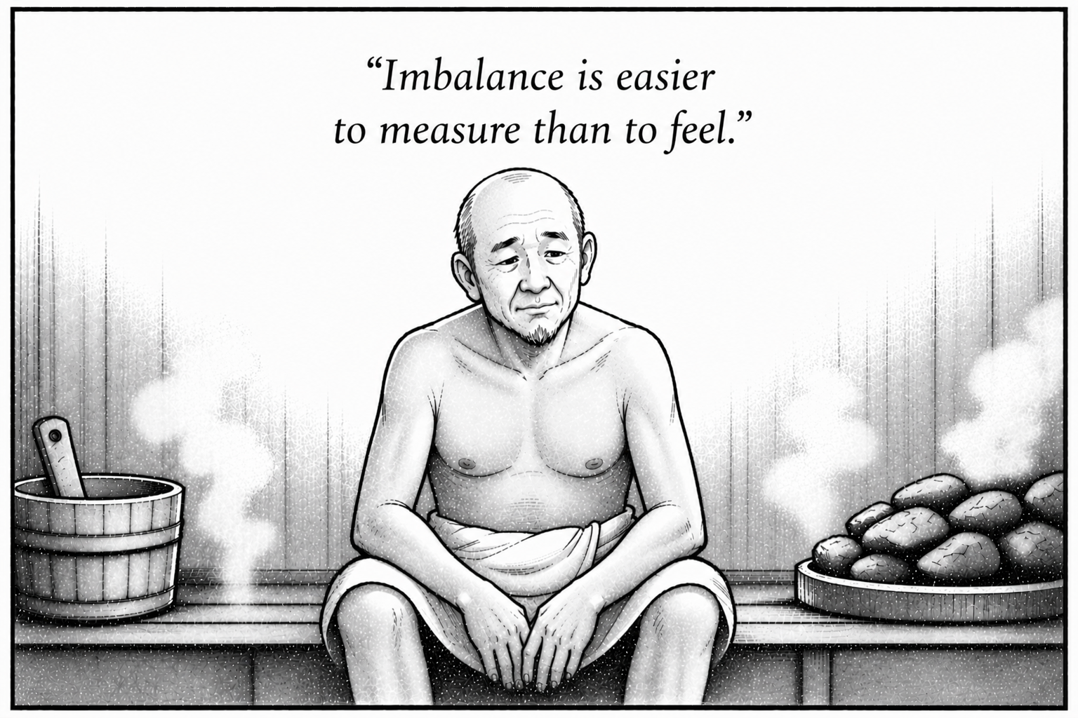 Black and white illustration of a middle-aged man sitting shirtless on a bench in a sauna, with two buckets of stones and water nearby, and a quote about imbalance.