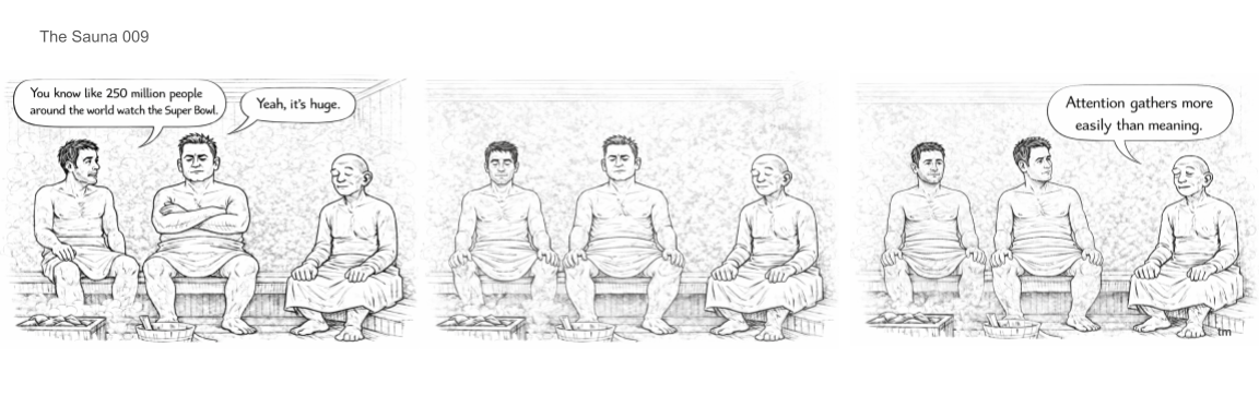 Four men sitting on benches and an older woman sitting cross-legged, engaging in a conversation about watching the Super Bowl. The men are holding hands, and the woman looks on.