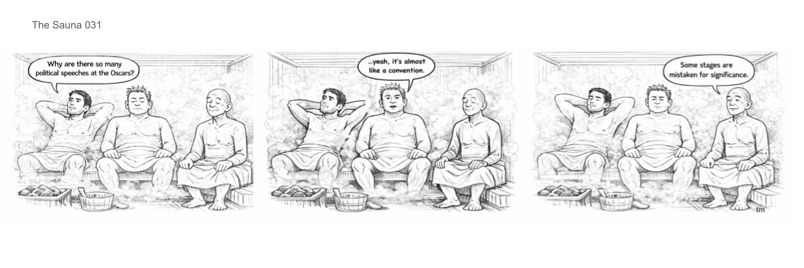 Three men are sitting in a sauna, talking about political speeches at the Oscars. The first man asks why there are so many political speeches, the second comments that it's almost like a convention, and the third notes that some stages are mistaken for significance.