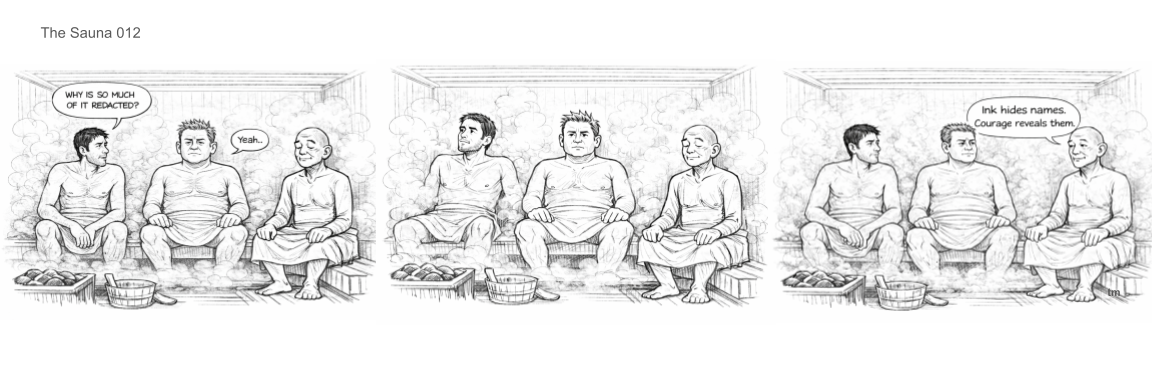 Three men sit in a sauna, with visible steam, talking and relaxing.
