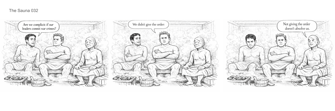 Three men sitting inside a sauna, having a conversation about leadership and war crimes, with steam in the background.