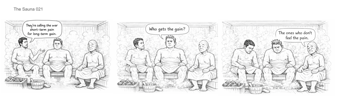Three men sitting in a steam room or sauna, with one of them explaining the concept of short-term and long-term pain to help with gain. The second man asks who gets the gain, and the third man replies that those who don't feel the pain are the ones who benefit.