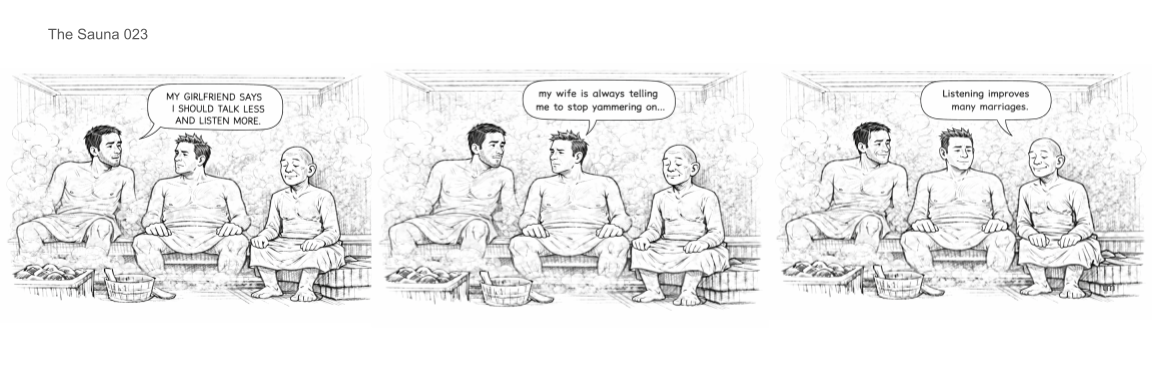 Three men sitting in a steam room or sauna, engaging in conversation. One says his girlfriend advises him to talk less and listen more, another comments that his wife always tells him to stop yammering, and the third notes that listening improves marriages.