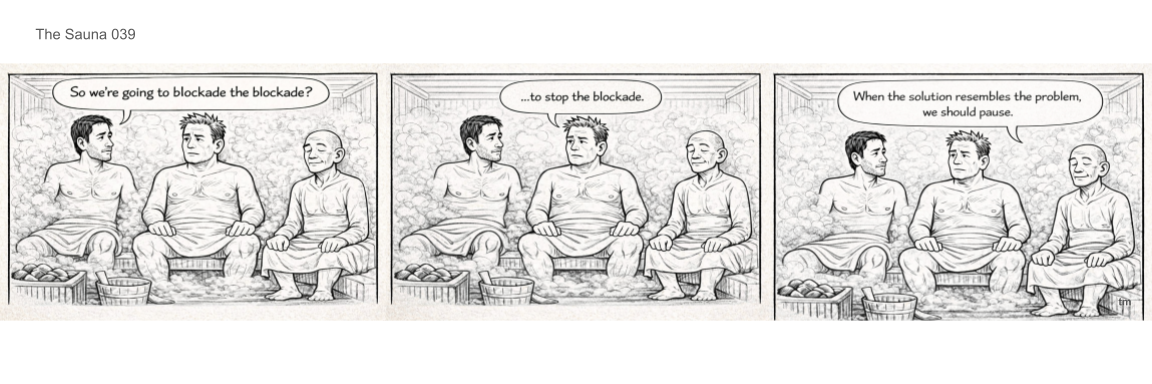 Three men sitting in a hot spring, having a conversation about blocking the blockade. One man suggests they should pause when the solution resembles the problem.