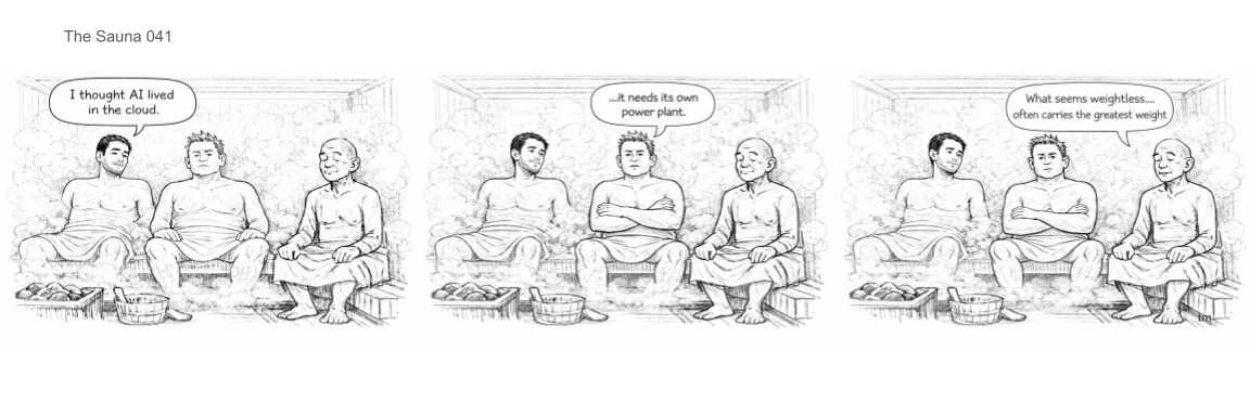 Three men sitting and chatting inside a sauna, with steam rising around them, in a cartoon style.