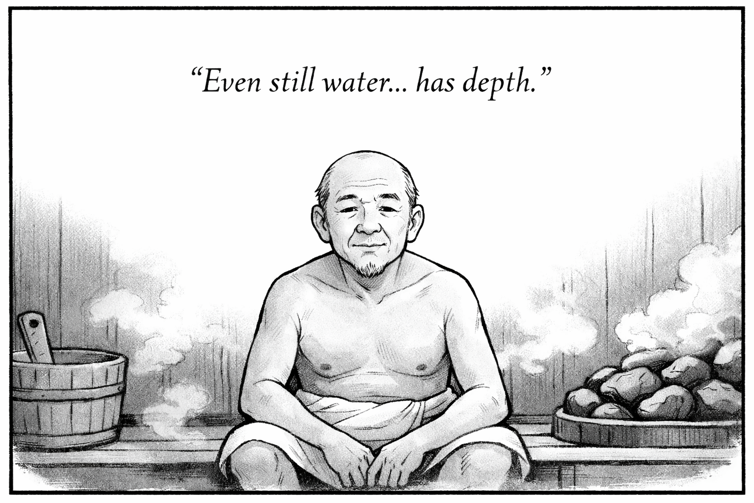 Black and white illustration of a man with a traditional Asian hairstyle and goatee, sitting cross-legged, shirtless, with steam rising around him, and a wooden bucket and a bowl of stones nearby, accompanied by the quote 'Even still water... has depth.'