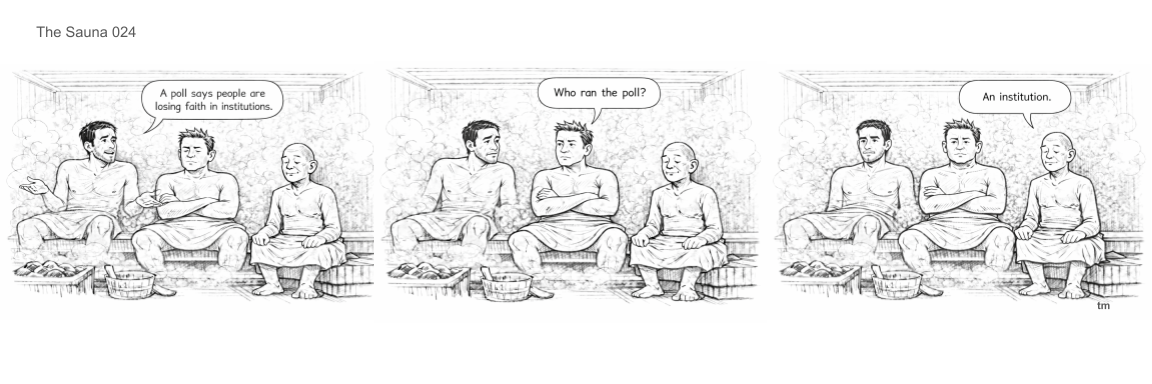 Three men sitting together having a conversation about a poll and institutions in a sauna setting.